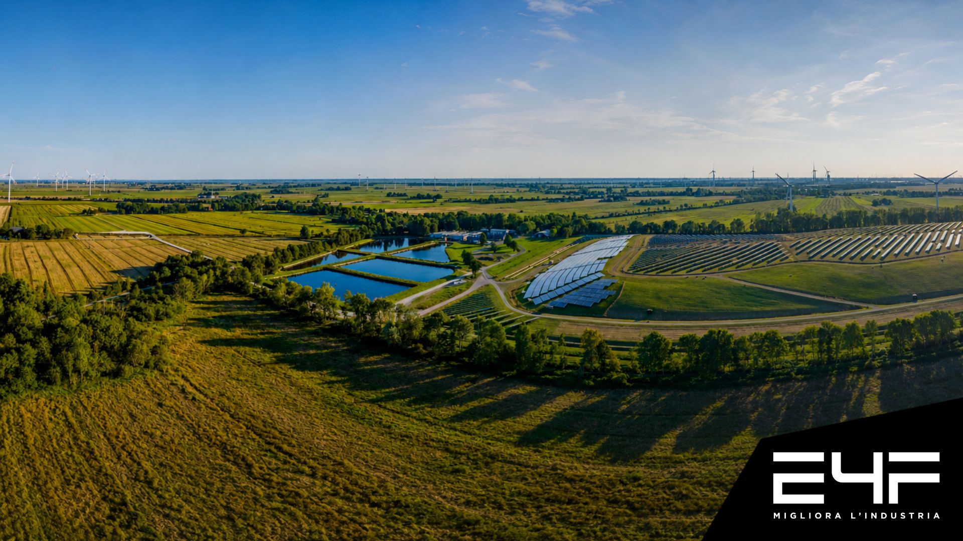 campo verde dove ci sono dei sistemi di energia rinnovabile, quali pannelli fotovoltaici e pale eoliche